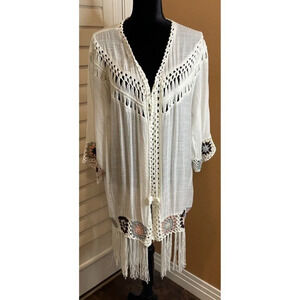 Oliver Large Cardigan Boho Fringe Crochet Open Front‎ Swimsuit Cover Up Beach